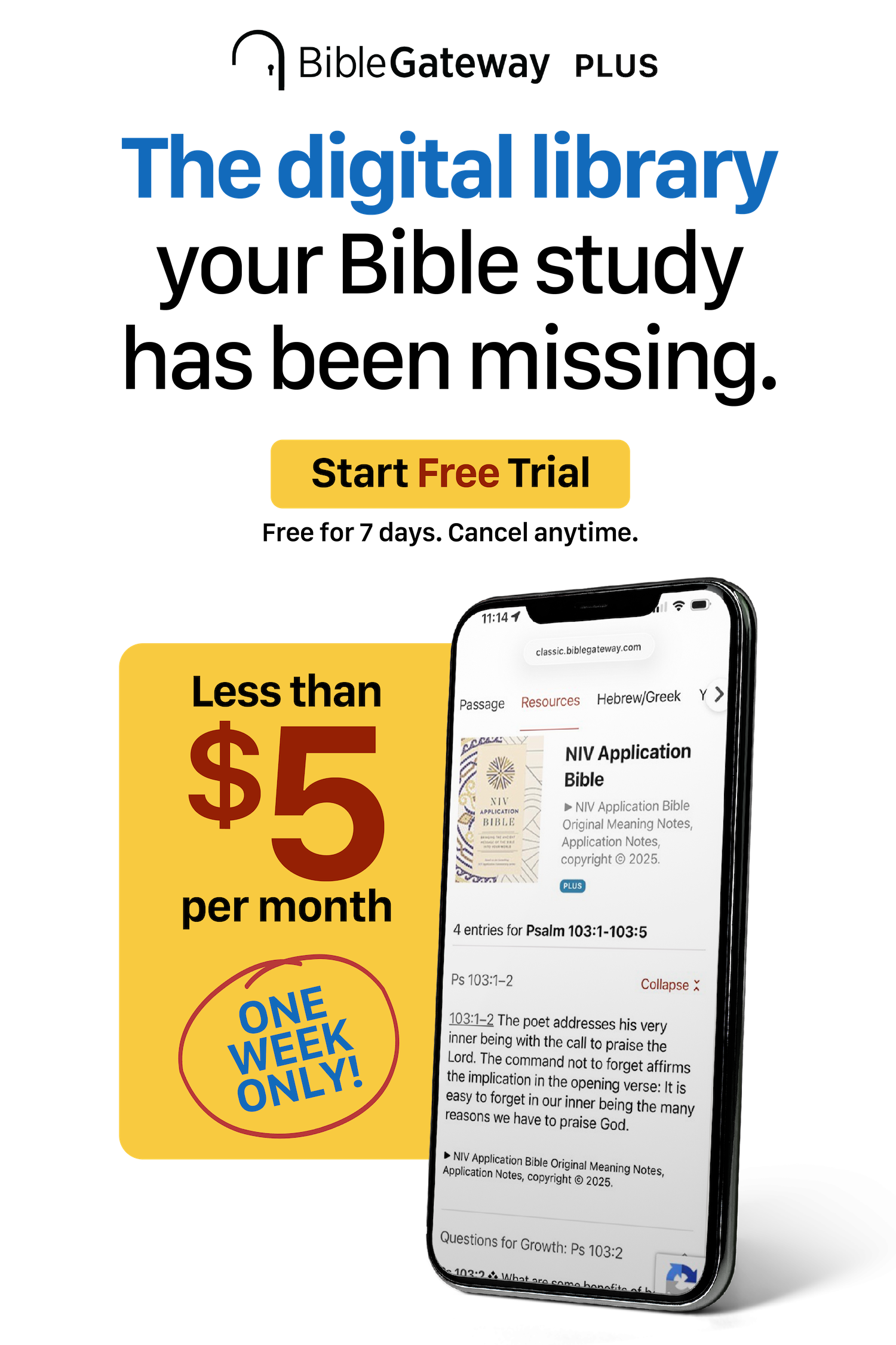 A smartphone displaying Bible study resources available with Bible Gateway Plus, tied to the Bible passage on BibleGateway.com.