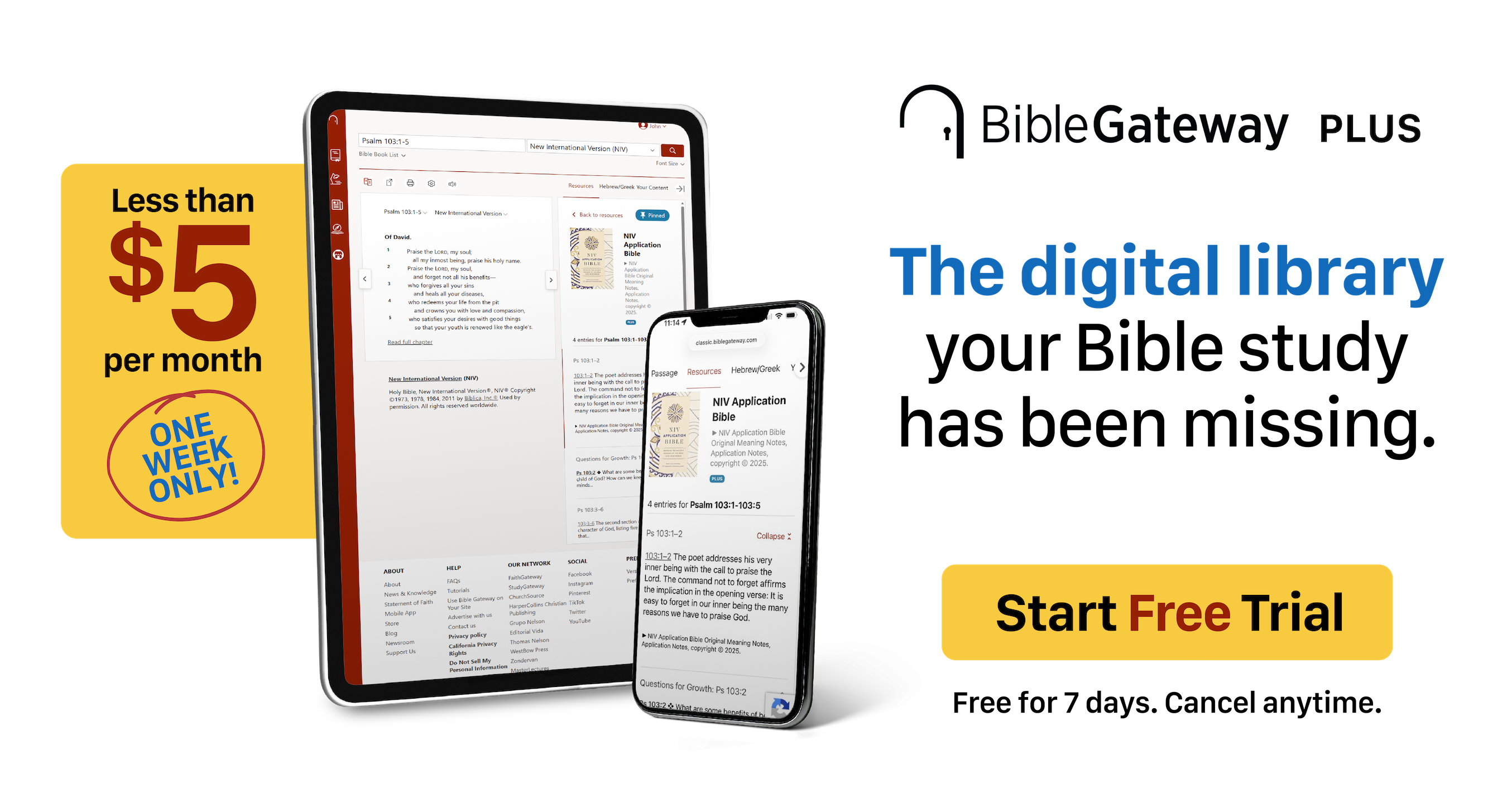 A tablet and smartphone displaying Bible study resources available with Bible Gateway Plus, tied directly to the Bible passage on  on BibleGateway.com.